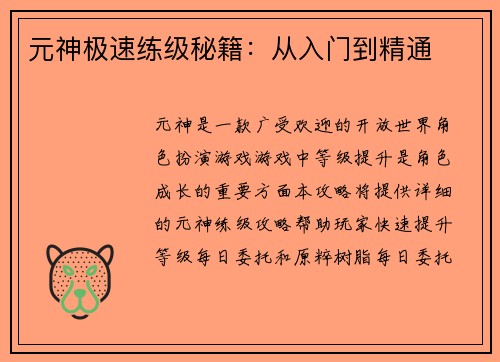 元神极速练级秘籍：从入门到精通