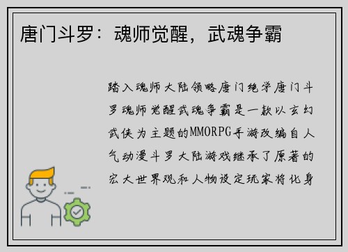 唐门斗罗：魂师觉醒，武魂争霸
