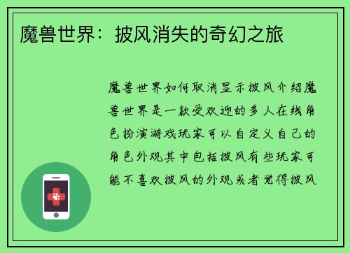 魔兽世界：披风消失的奇幻之旅